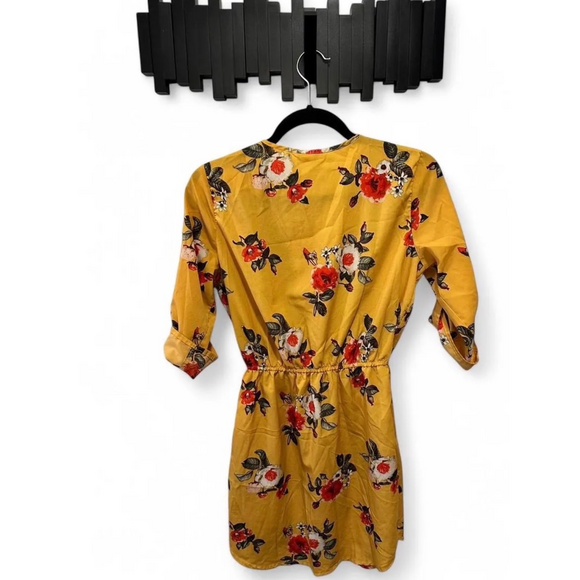 Stella tweed Mustard Floral Bohemian Empire Waist summer Dress 3/4 sleeve cuffed - Picture 6 of 8